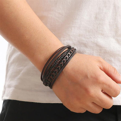 Moda Trançada Corda Tecida Camadas Couro Masculino Pulseiras Punk Metal Magnético Bracelete para Amigo Charme Joias Presentes