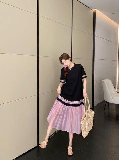 NYFS 2025 Summer Dress Loose plus Size Black Patchwork Pink Hem Long Dresses Robe Elbise Short Sleeve Korean Style Woman Dress