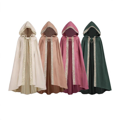 Medieval Lace Trim Hooded Cape 130cm Long Renaissance Wizard Witch Cloak Women Men Halloween Cosplay Costume