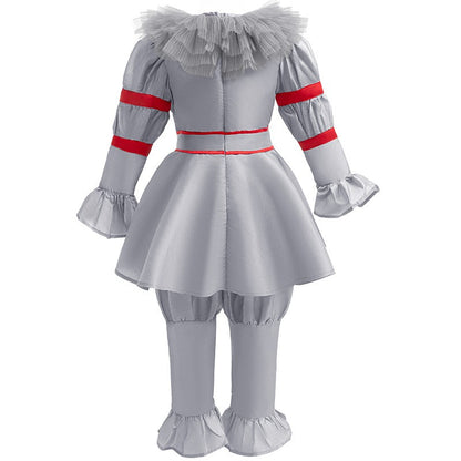 Kids Scary Joker Pennywise Cosplay Costume Horror Ghost Movie It Puff Sleeve Tulle Collar Top With Pants For Halloween Carnival
