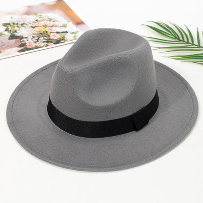 Autumn and winter men and women's new large brimmed hats, fashionable woolen jazz hats, English style top hats