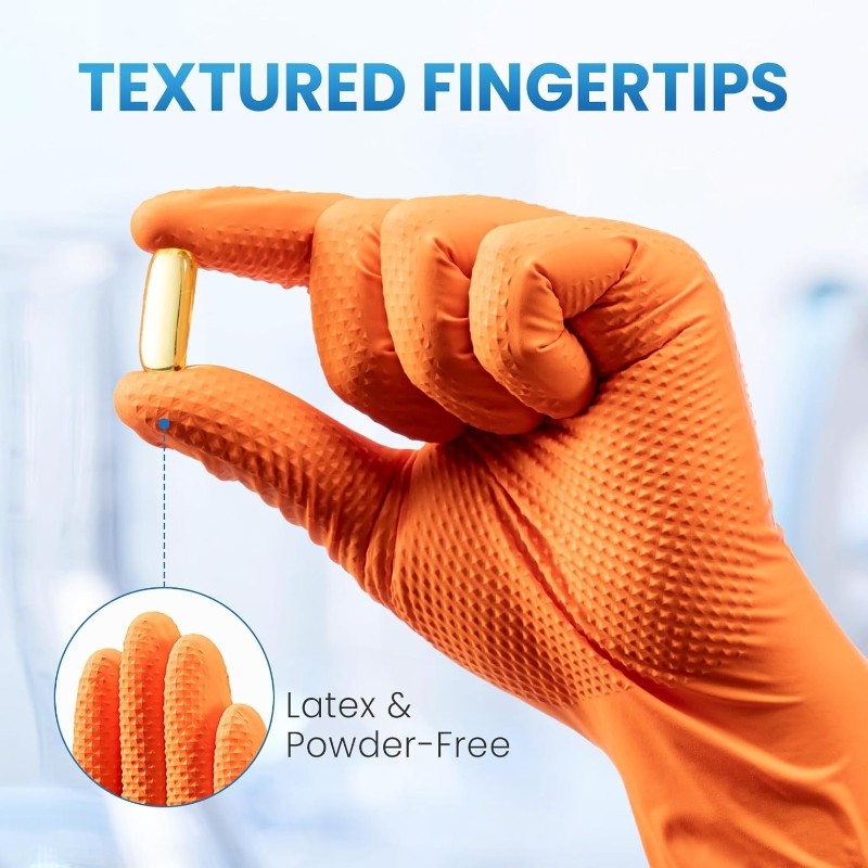50 UNIDADES Luvas de Nitrilo Laranja Descartáveis Resistentes de 8Mil com Textura de Diamante Elevada para Construção, Indústria, Mecânica Automotiva