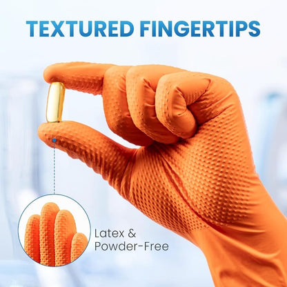 50 UNIDADES Luvas de Nitrilo Laranja Descartáveis Resistentes de 8Mil com Textura de Diamante Elevada para Construção, Indústria, Mecânica Automotiva