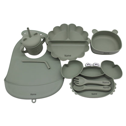 Free Name Printing Children's Tableware Set: Bib, Plate, Cup, Fork & Spoon. Silicone Material. Personalized Gift.