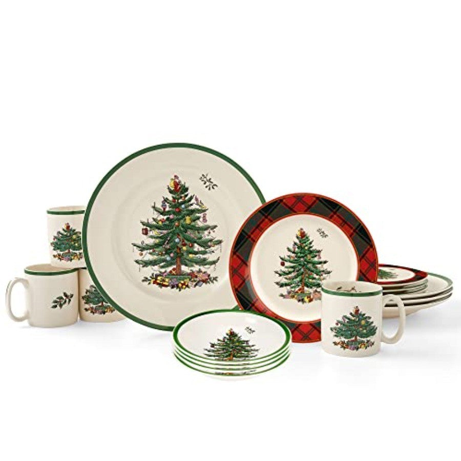 Christmas Tree 16-Piece Tartan Dinnerware Set (Service for 4) - Festive Holiday Tableware Collection with Plates, Bowls, Mugs -