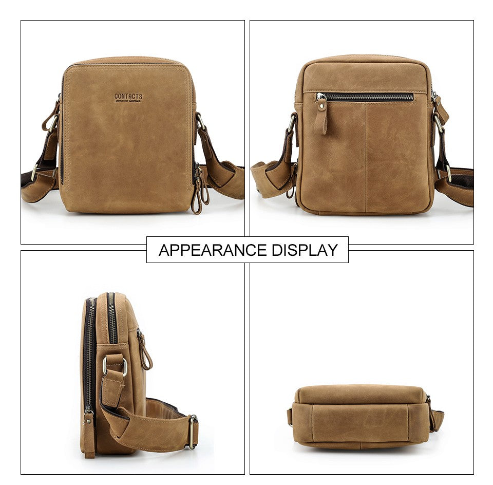 CONTACT'S Genuine Leather Men's Messenger Bag Vintage Sling Shoulder Bags for 7.9" iPad Mini High Quality Male Crossbody Bag Men