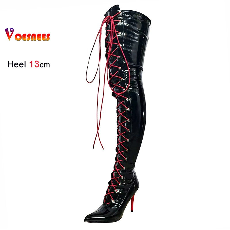 13CM Thin Heel Black Lace-up Over the knee Boots Woman Fetish Pointy Toe Boots Elastic Leather Thigh High Sexy Women Party Shoes