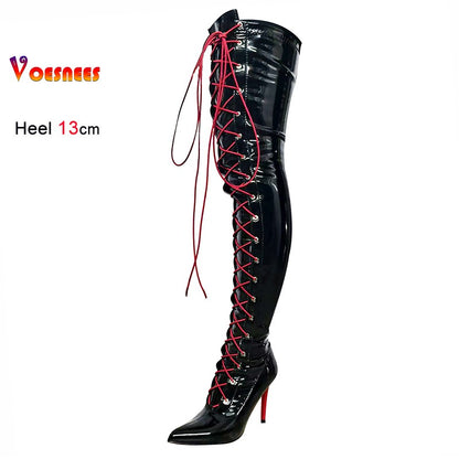 13CM Thin Heel Black Lace-up Over the knee Boots Woman Fetish Pointy Toe Boots Elastic Leather Thigh High Sexy Women Party Shoes