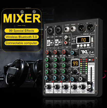 Mesa de áudio TKL 4 canais 99 DSP com alimentação fantasma 48V, mixers de som USB de estúdio, console de mixagem Bluetooth DJ para karaokê