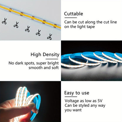 5V USB COB LED Light Strip Linear Touch Dimmable Flexible Diode Tape Home Christmas Lights TV Mirror Backlight Room Decoration