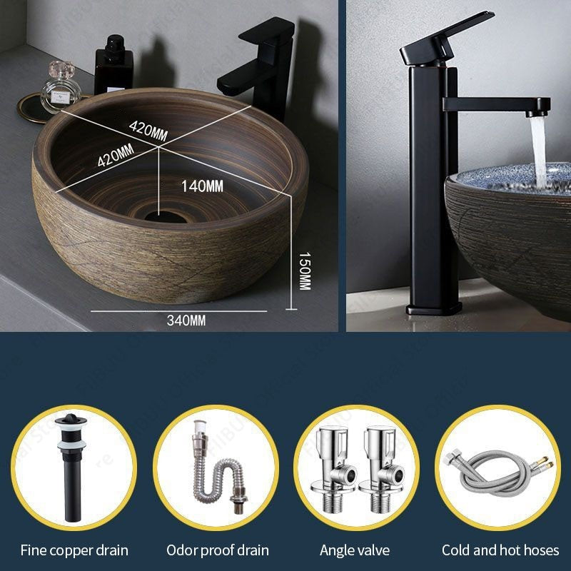 Cuba de Cerâmica Marrom para Lavatório de Banheiro Oval Artística para Mesa de Banheiro, Bacia de Lavar Roupa para Varanda, Bacia de Pedestal Acima do Balcão