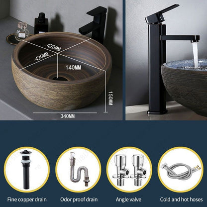 Cuba de Cerâmica Marrom para Lavatório de Banheiro Oval Artística para Mesa de Banheiro, Bacia de Lavar Roupa para Varanda, Bacia de Pedestal Acima do Balcão