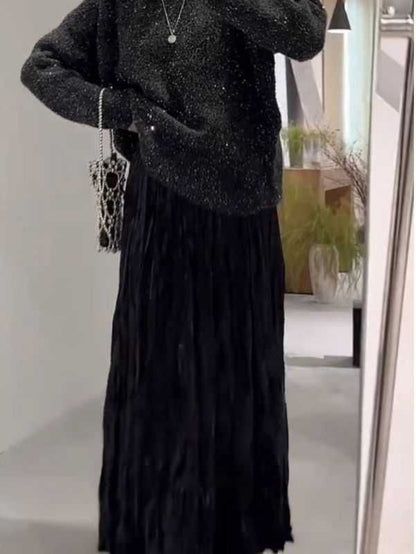 Plus Size Plus Size Women's Velvet Pleated A- Line Midi Skirt Autumn Winter Slimming Half-length Versatile Fashionable Commut...