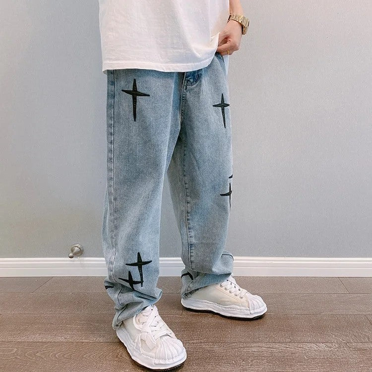 Nova Calça Jeans Masculina Larga Bordada Moda Solta Calça Jeans Streetwear Hip Hop Reta Perna Larga Calça Casual Roupa Masculina