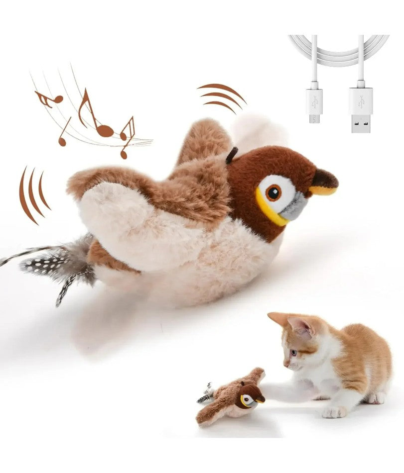 Brinquedos Interativos para Gatos Brinquedo de Pássaro Voador Recarregável para Gatos Pássaro Cantando Batendo Asas (não voa) Pode Adicionar Catnip Brinquedo de Pelúcia Ativado por Toque