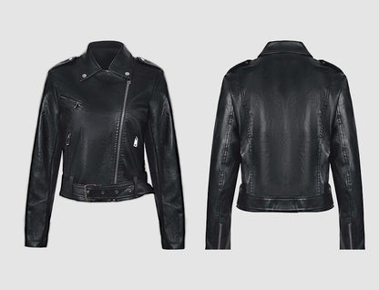 Women's Bright Red Long-sleeve PU Jacket, Lapel Collar Black Short Faux Leather Coat, Available in Dark Brown or Beige.