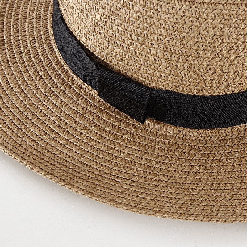 Chapéu de Sol Unissex de Verão com Topo Plano para Mulheres e Homens, Cor Sólida, Aba Larga, Fita Preta, Chapéu de Palha de Praia Dobrável, Bonés Frescos para Férias