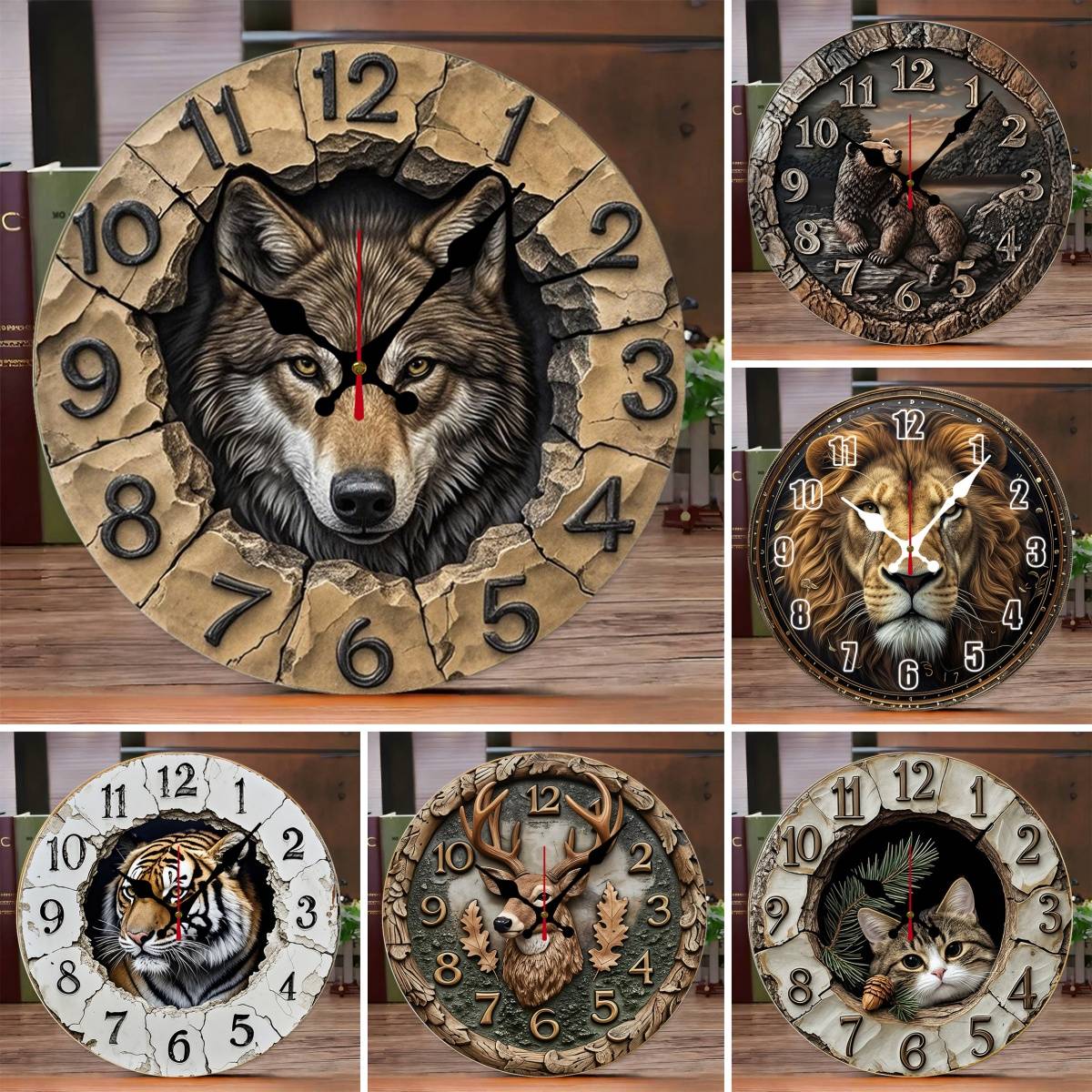 Wilderness And Animals Wooden Round Silent Hanging Wall Clock,Suitable For Living Room,Office,Study Room,Bedroom,Home Decoration