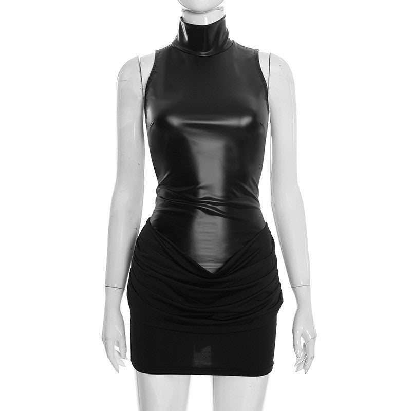 Nsauye Women Basic Pullover Casual Turtleneck Short Wrap PU Leather Y2K Dress 2026 Spring Summer Sexy Club Party Evening Dress