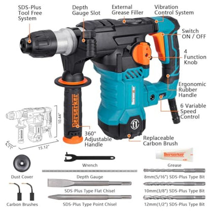 Martelete Rotativo SDS-Plus de 1-1/4" com Controle de Vibração, Embreagem de Segurança, 12,5 A, 4 Funções, com Fio, para