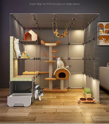 Super Grandes Gaiolas de Gatos com Espaço Livre Casa para Animais de Estimação Interna Villa para Gatos com Caixa de Areia Integrada Gabinete Nórdico Multi-Camadas para Gatos
