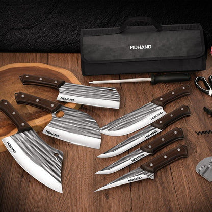 ZENG 14 Peças Faca de Cozinha Multifuncional Cutelo de Carne Forjado à Mão Faca de Chef para Desossar e Cortar para Serviço Pesado com Afiador