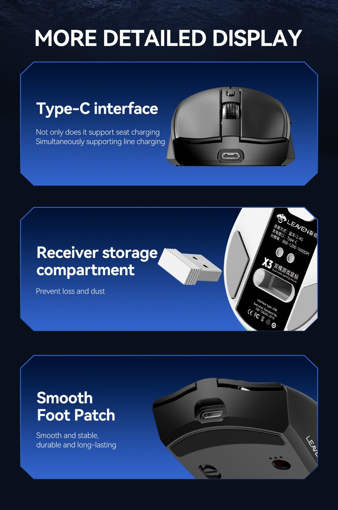 LEAVEN X3 2.4G Bluetooth Modo Duplo Receptor Mouse Óptico Sem Fio Mouse Gamer 1600DPI Mouse Compatível com Bluetooth para MacBook L