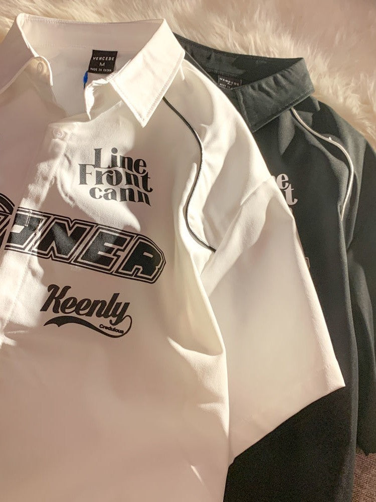 Cargo Short-sleeved Shirt New Summer Youth Casual Lapel Button Up Blouse Men Women Hip Hop Letter Print Racing Tee