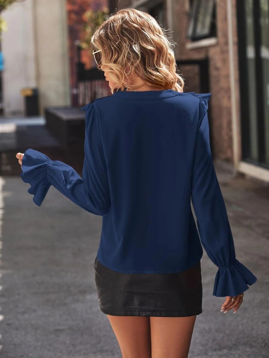 Spring Autumn Fashionable Shirts Solid Color Casual Loose Commuting Style Tops Long Sleeves Ruffled V-neck Bell Sleeves Clothes