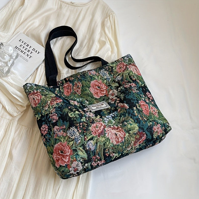 Stylish Corduroy Tote Bag for Women Bohemian Ethnic Style Shoulder Bag for Daily Commuting Shopper Office Worker College Student