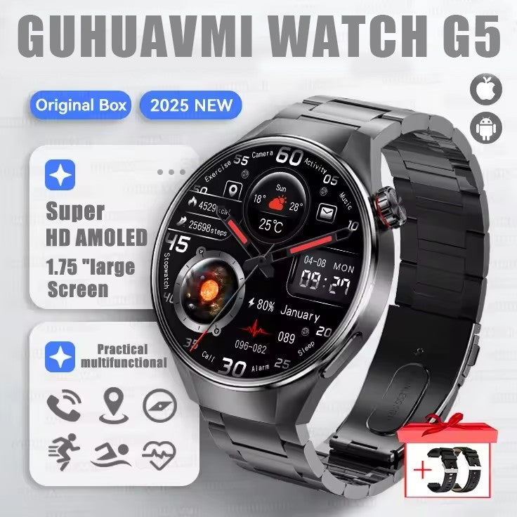 Smartwatch 2025 Original G5 Plus, Tela AMOLED HD de 1,75", Rastreamento GPS, Frequência Cardíaca, Chamada Bluetooth, Bússola para Homens