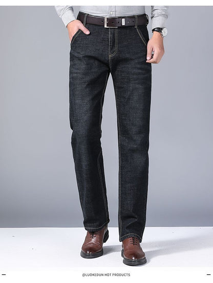 Calça Jeans Masculina Primavera Outono Negócios Casual Confortável Reta Denim Elástica Moda Clássica Macia Premium Azul Preto
