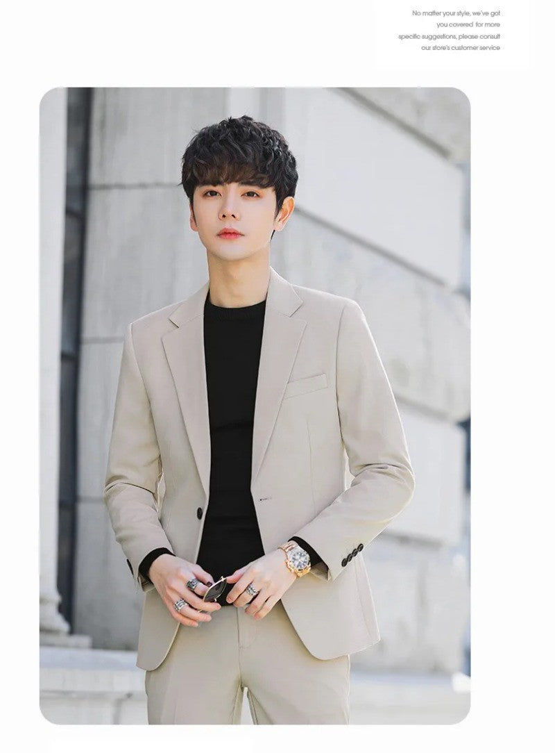 S-6XL Men's Business Casual Suit Korean Style Trendy Slim Fit 2 Piece Set Solid Color ?Blazer+ Pants )Groom Wedding Dress Party