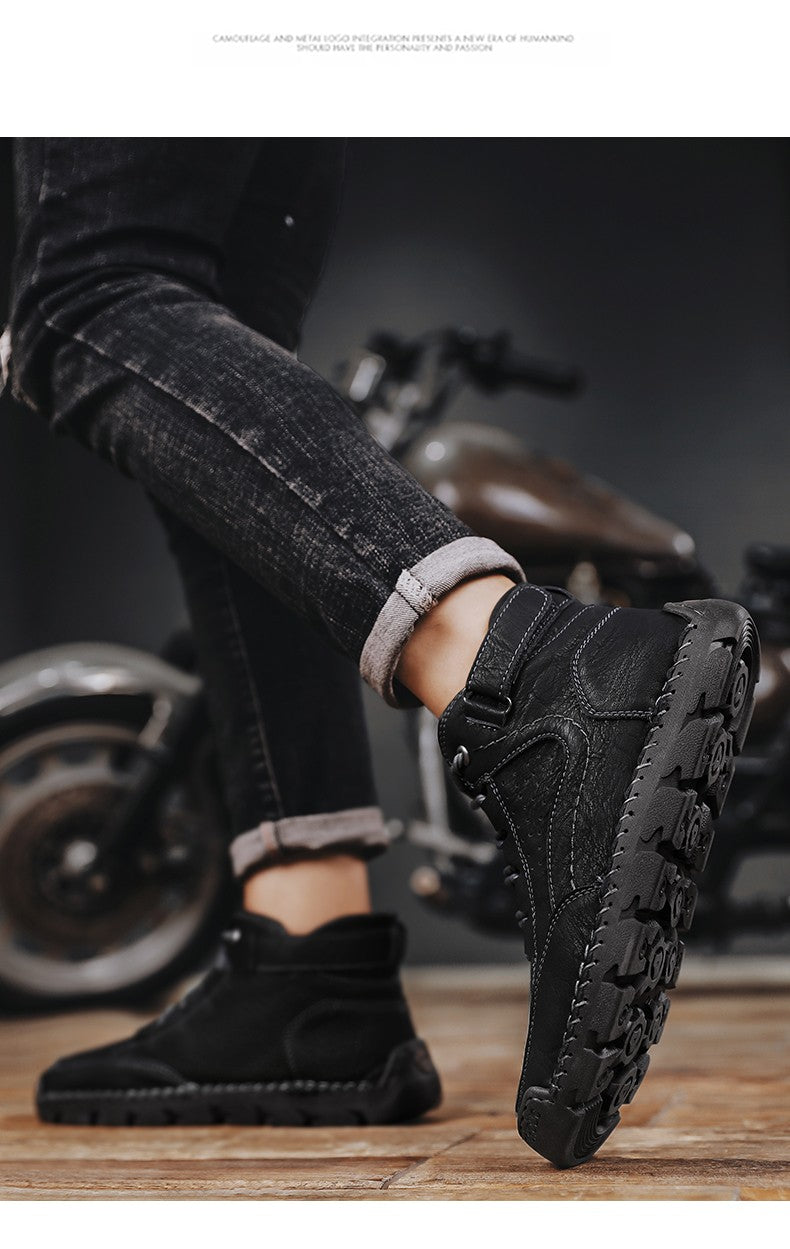 Botas masculinas costuradas à mão, sapatos casuais plus size, botas confortáveis e macias, botas antiderrapantes para uso externo