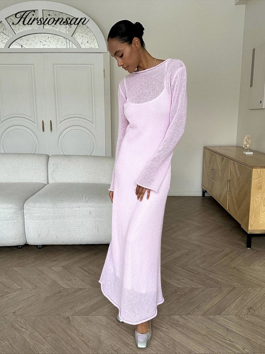 Hirsionsan Spring Autumn O-Neck Elastic Knit Long Dresses Women 2024 Elegant Chi