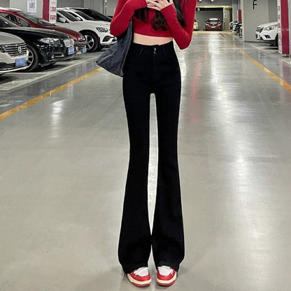 High Waist Fce Lined Thiened Autumn Winter American Bla ey Micro Flared Jeans Women Slimming Legging  Hoof Pants