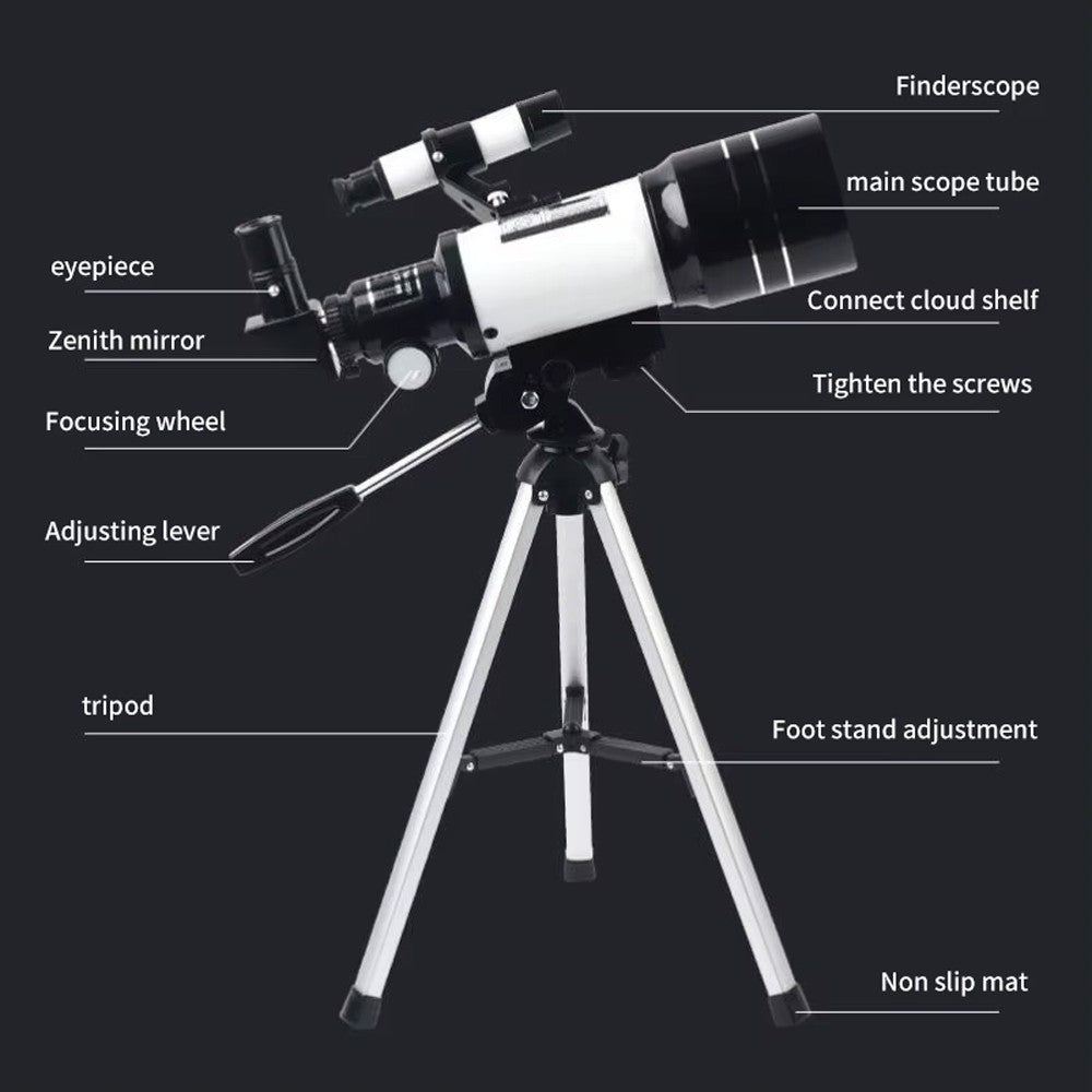 Telescópio Astronômico 150X, Refrator de Abertura de 70mm, Telescópio Portátil de Viagem com Adaptador de Celular e Controle Remoto Sem Fio