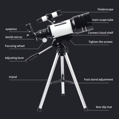 Telescópio Astronômico 150X, Refrator de Abertura de 70mm, Telescópio Portátil de Viagem com Adaptador de Celular e Controle Remoto Sem Fio