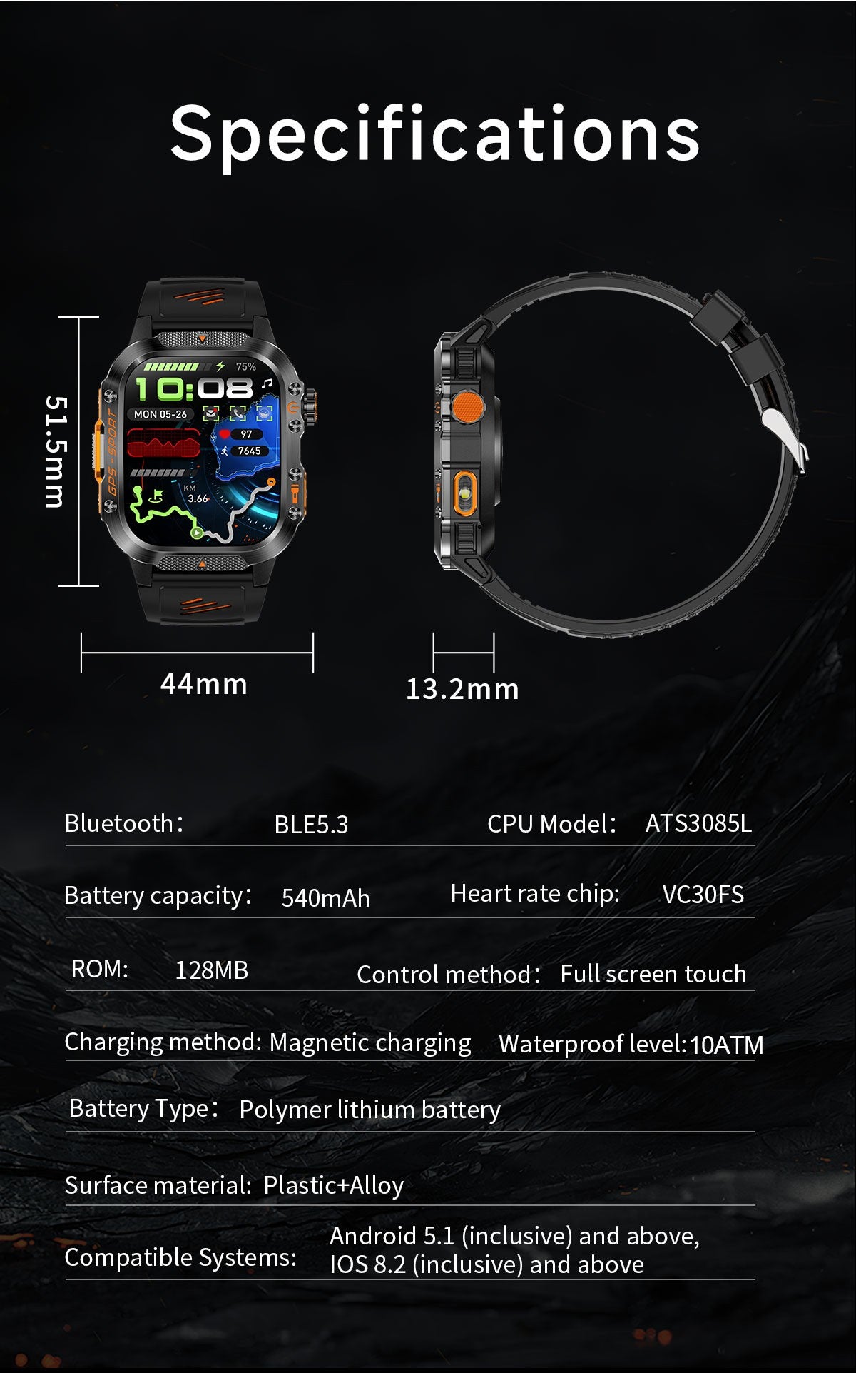 2026 Novas pulseiras inteligentes militares de GPS para ambientes externos, bússola masculina, frequência cardíaca, chamada BT, lanterna LED, Smartwatch à prova d'água 10ATM para natação