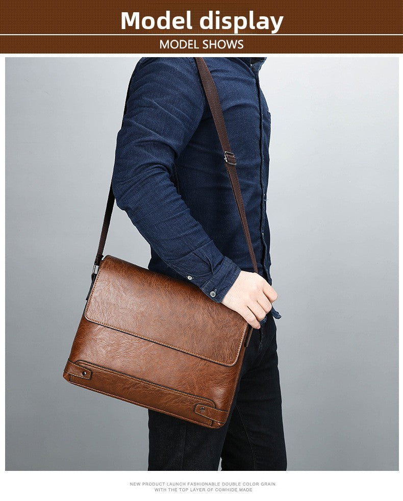 Men's Solid Color Retro Leather Shoulder Bag, Casual Business Crossbody BagS Horizontal A4 Paper Travel Bag Briefcase Laptop Bag
