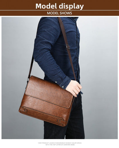 Men's Solid Color Retro Leather Shoulder Bag, Casual Business Crossbody BagS Horizontal A4 Paper Travel Bag Briefcase Laptop Bag