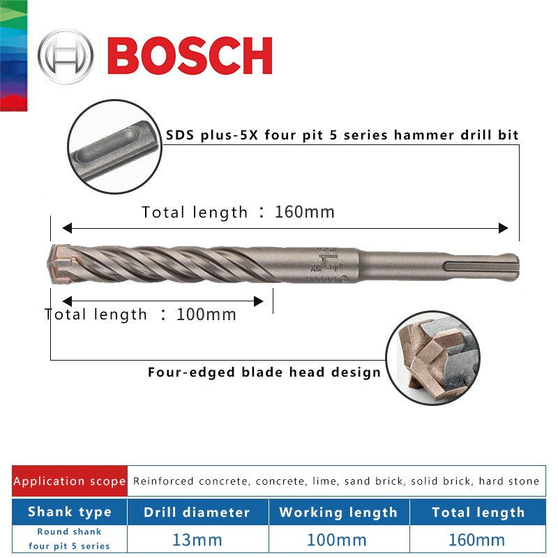 BOSCH Broca para Concreto e Madeira para Martelo Elétrico de Quatro Furos e Duas Ranhuras, de Duas Pontas, Série 5, com Haste Redonda