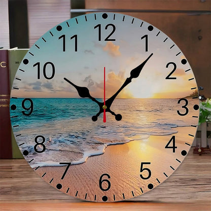 The Beach Wooden Round Silent Hanging Wall Clock, Suitable For Living Room, Office, Study Room, Bedroom, Home Decoration