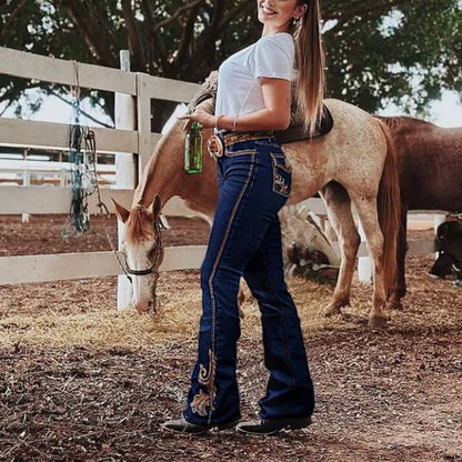 Stylish Cowgirl Boo-Cut Denim Jean Exquisite Embroidery Stretch & Comfortable Ladies Country Outfit Western Women Trousers T02