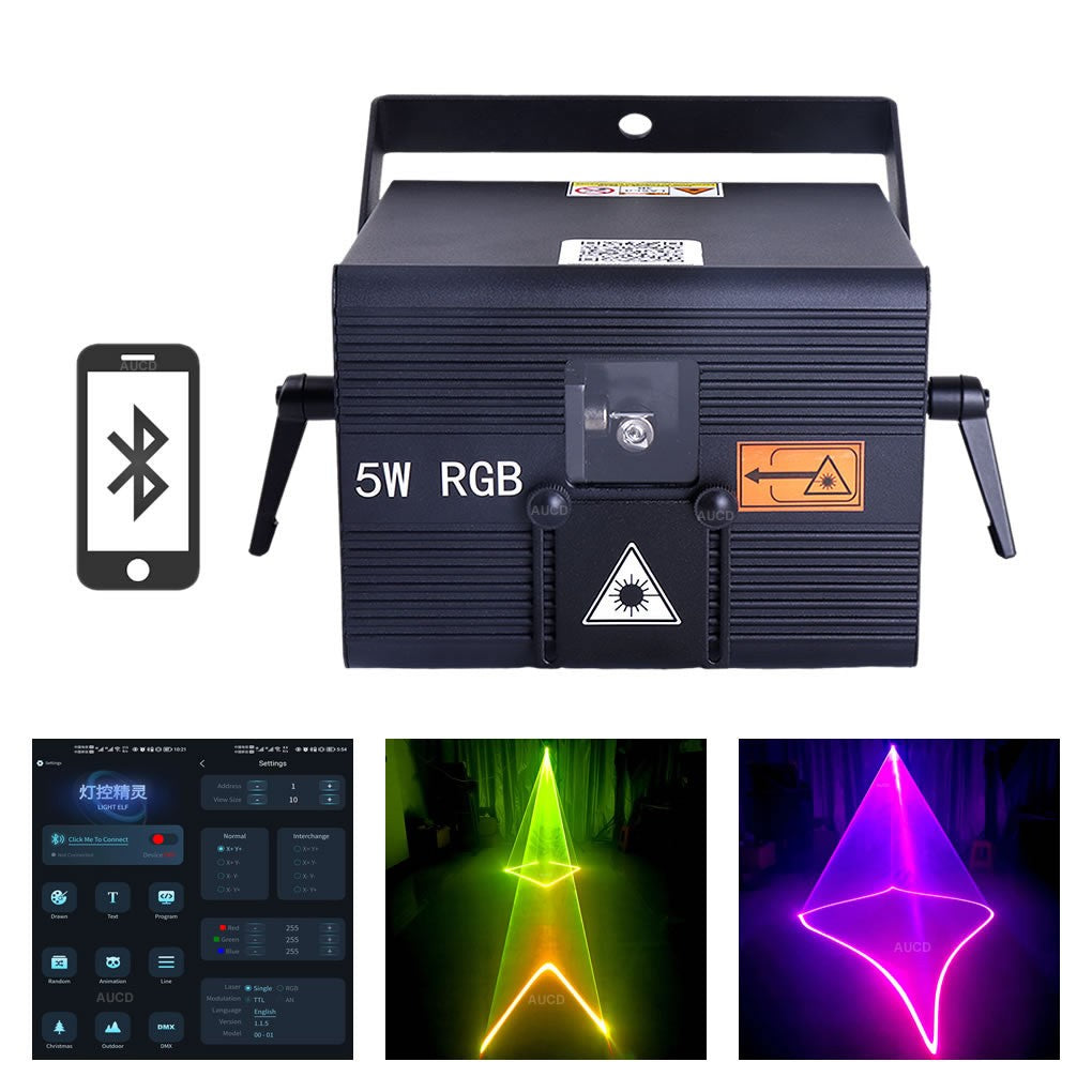 USA Warehouse 5W RGBW Laser Animation Scan Projector Lights + Apple & Android App Control ILDA For Party Bars DJ Stage Lighting