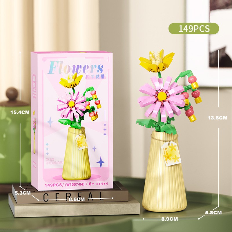 Flower Bouquet Building Blocks with Vase DIY Rose Sunflower Mini Bricks for Kids Birthday Party Favors Girls Gift Desktop Decor