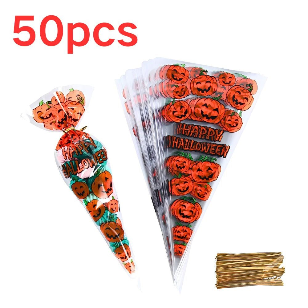 50/100pcs Cute Pumpkin Triangle Candy Bags Happy Halloween Print Cone Snack for Party Giveaways YMY