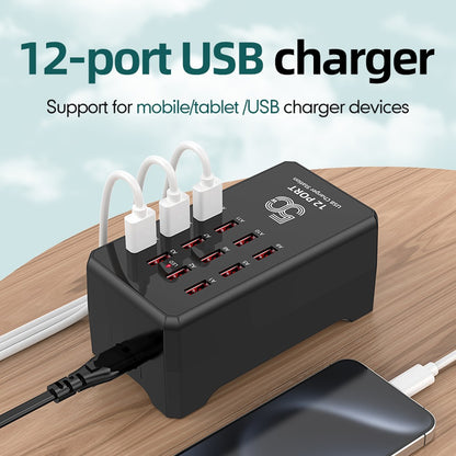 Carregador USB de 12/30 Portas Universal para Tomada de Parede e Mesa, Estação de Carregamento Rápido para Celular e Adaptador de Energia