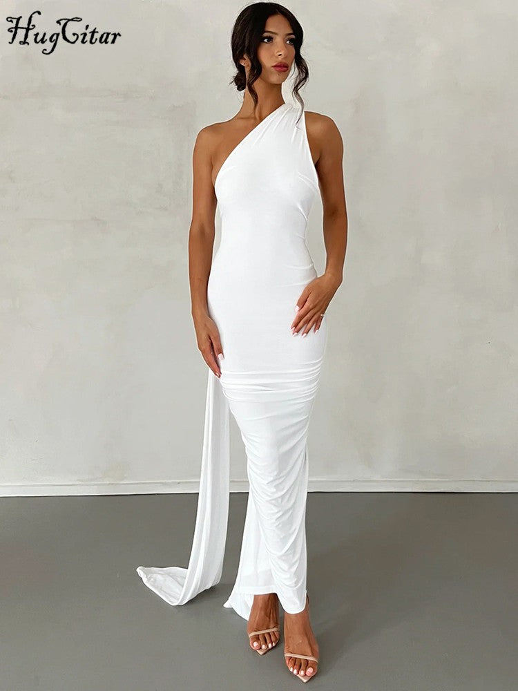 Hugcitar One Shoulder Backless Adjustable Scarf Loop Ruched Sexy Maxi Dress Wome