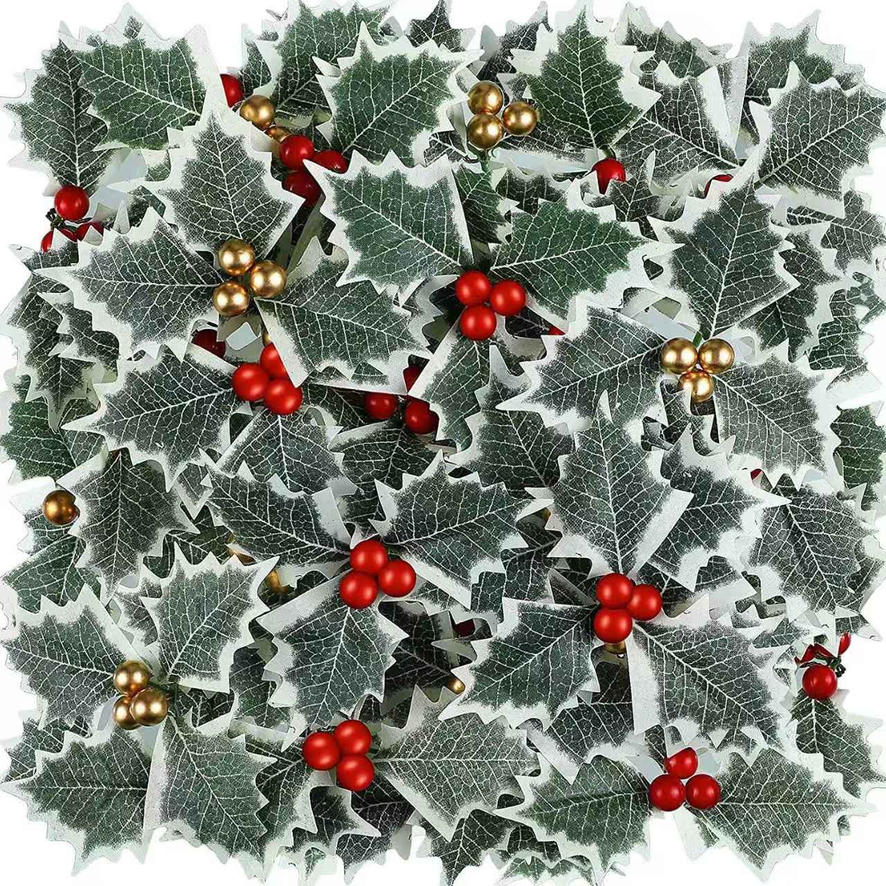 50/10Pcs Artificial Holly Berries With Green Leaves DIY Christmas Wreath Wedding Flower Gifts Xmas New Year Festival Decorations